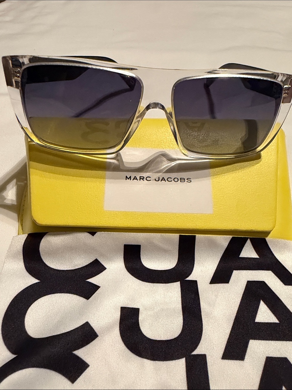 Marc Jacobs Clear Frame Sunglasses with Blue-Gray Gradient Lenses